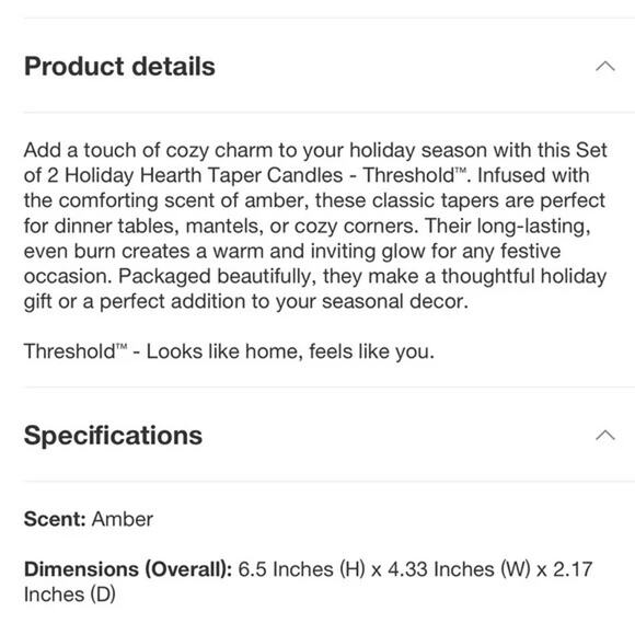 Threshold NWT NIB Holiday Hearth Scented Taper Candles Set of 2 - Picture 6 of 6